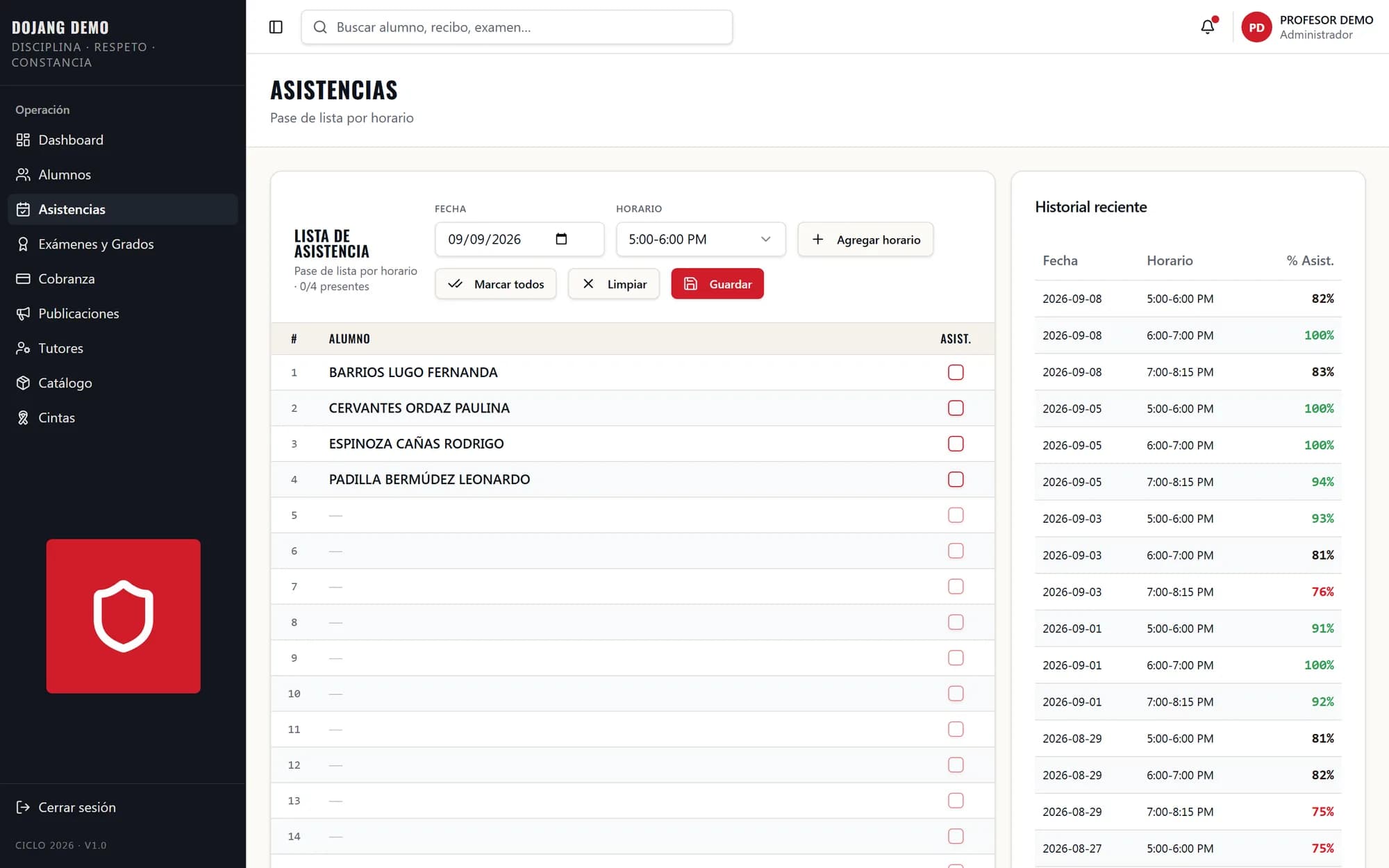 Pase de lista de asistencias de KontrolMX con historial de porcentaje