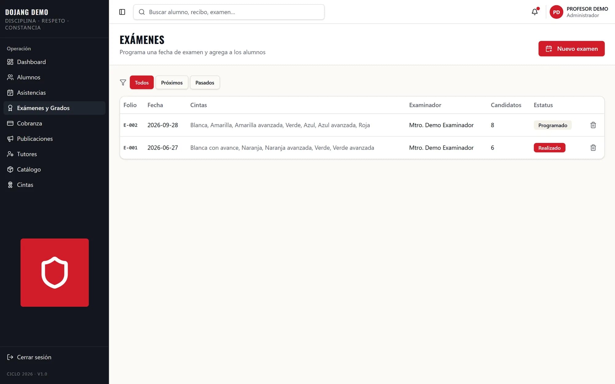 Programación de exámenes de grado en KontrolMX con folio y cintas