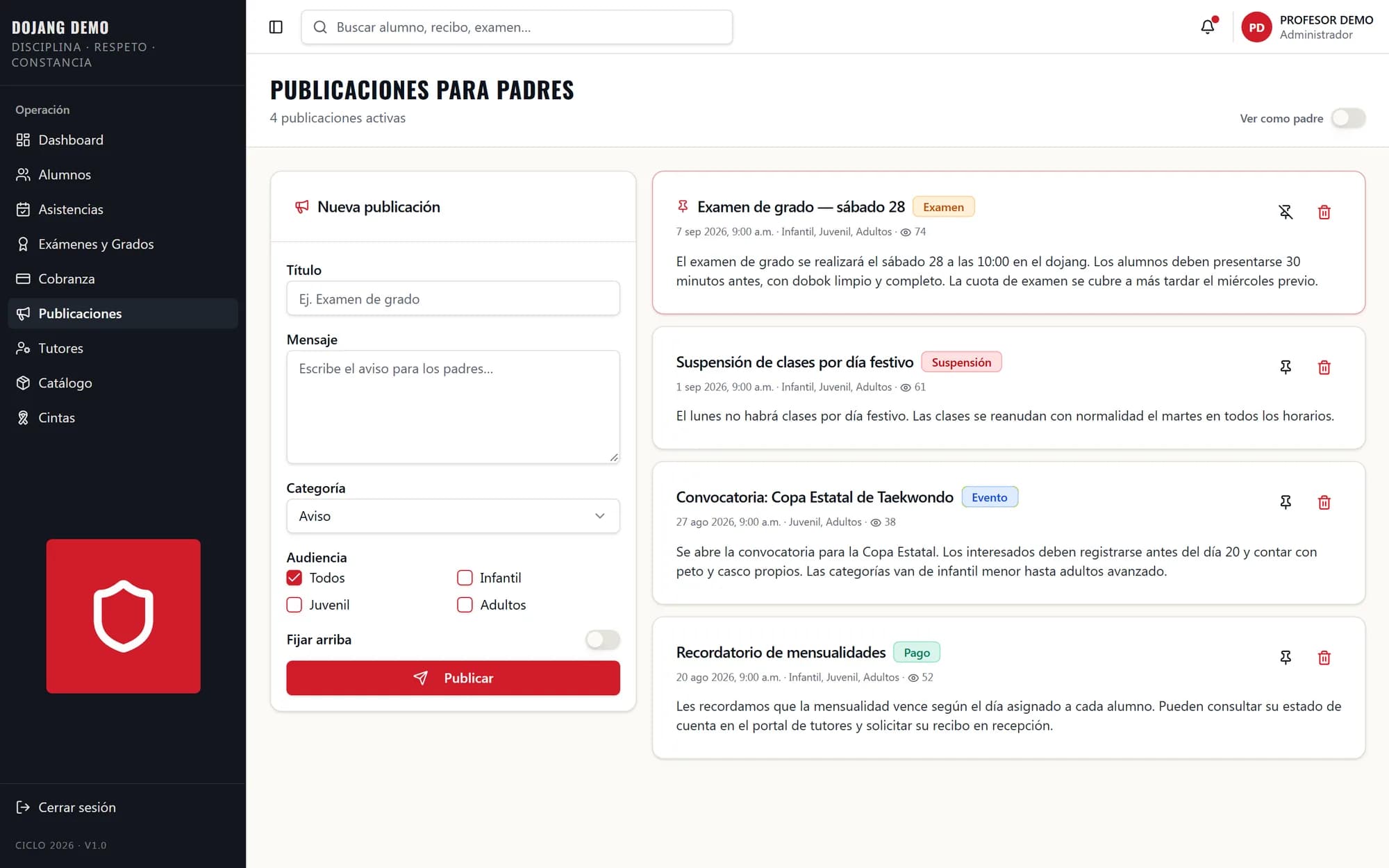 Publicaciones para padres en KontrolMX con categorías y vistas